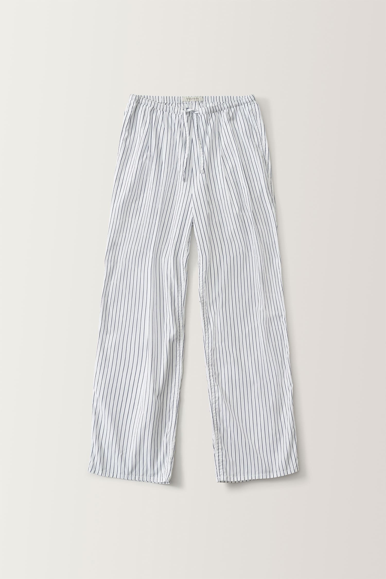 Nothing Written navy stripe cotton pants flat lay front view with drawstring elastic waist