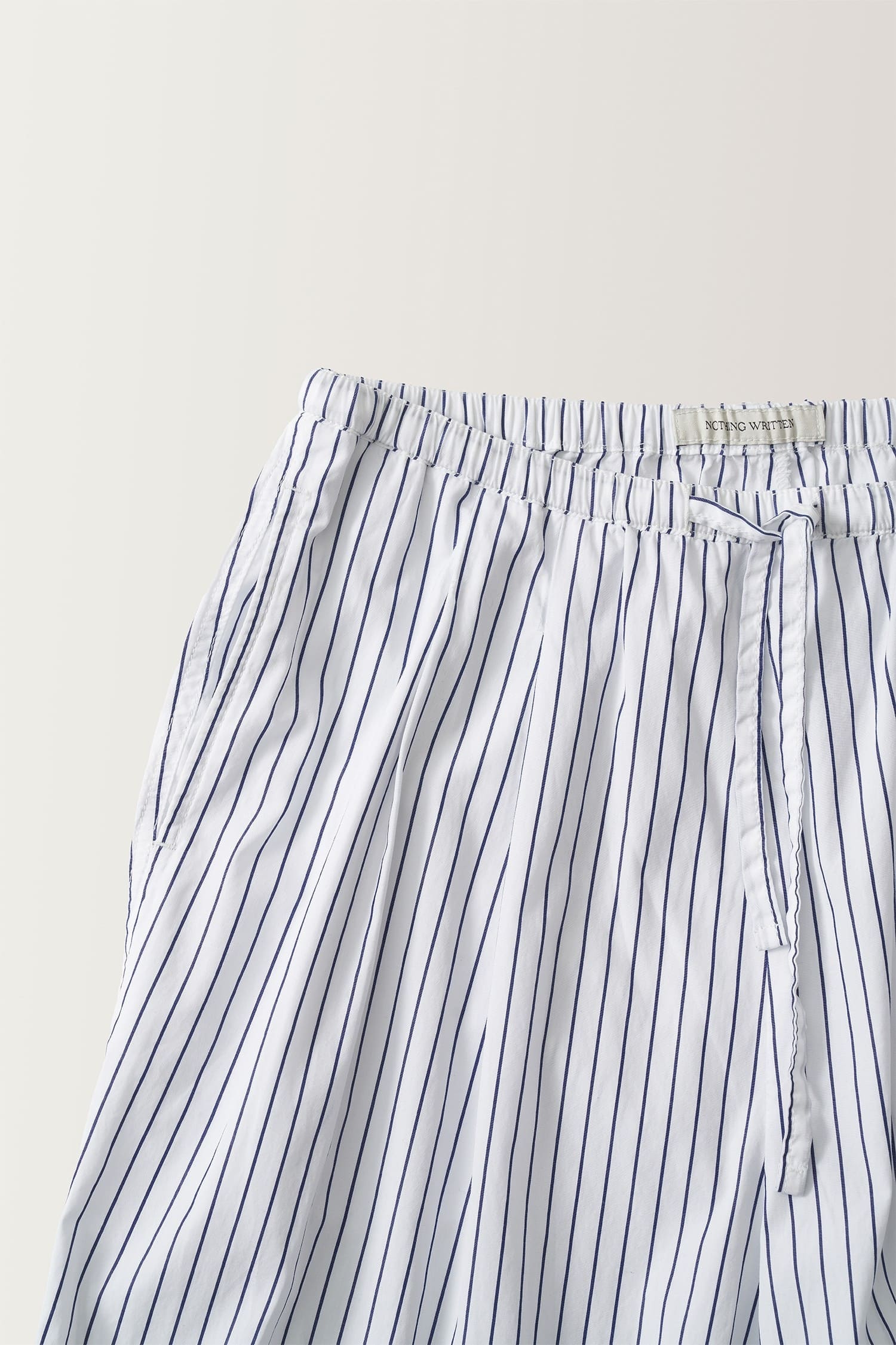 Nothing Written navy stripe cotton pants detail of elastic waistband with adjustable drawstring