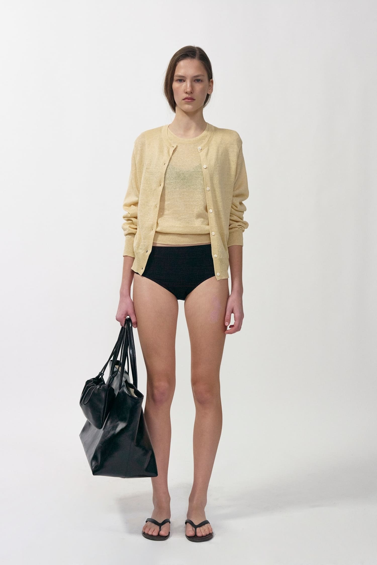 Nothing Written linen cardigan yellow worn front view