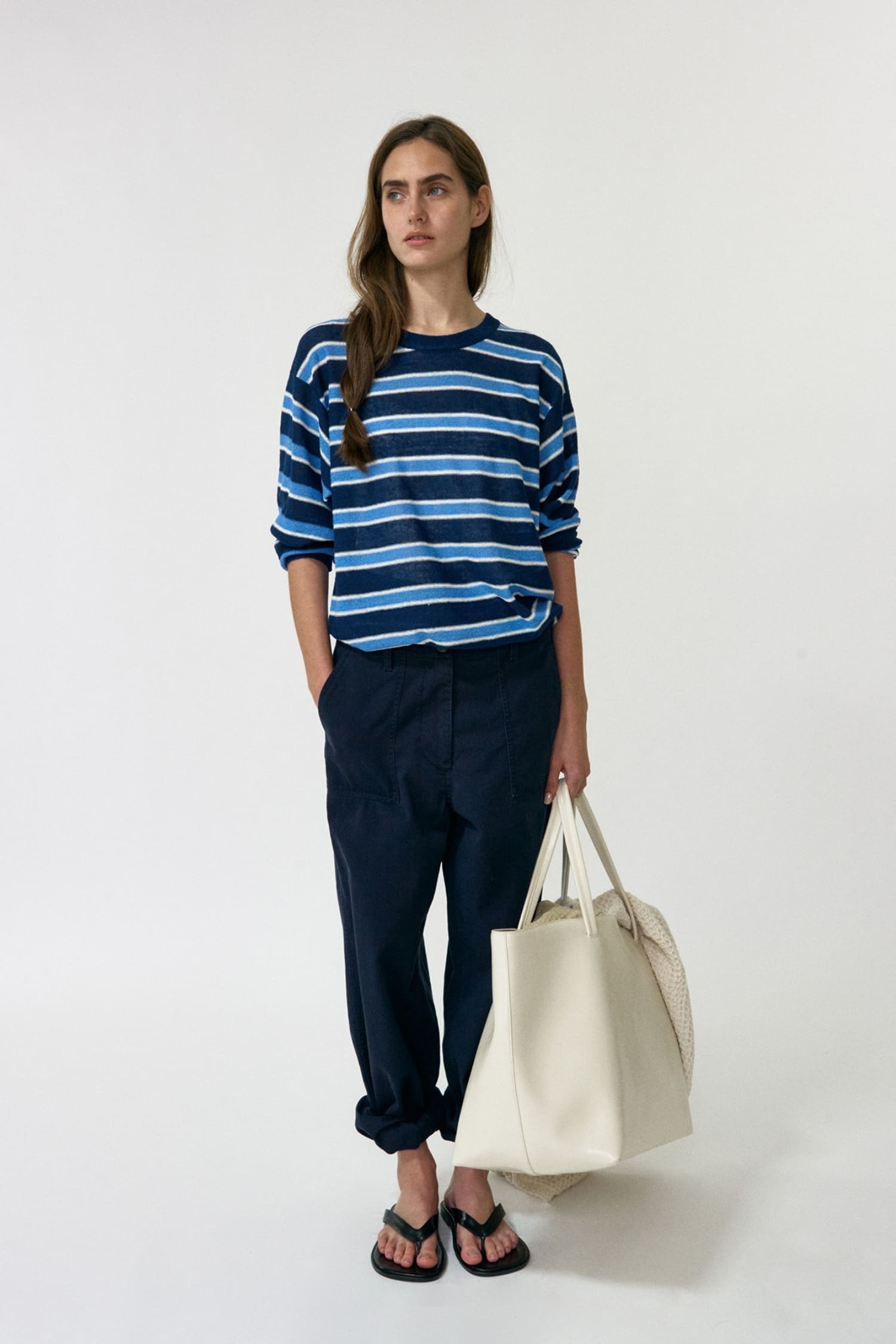 Nothing Written round neck pullover blue stripe worn front view