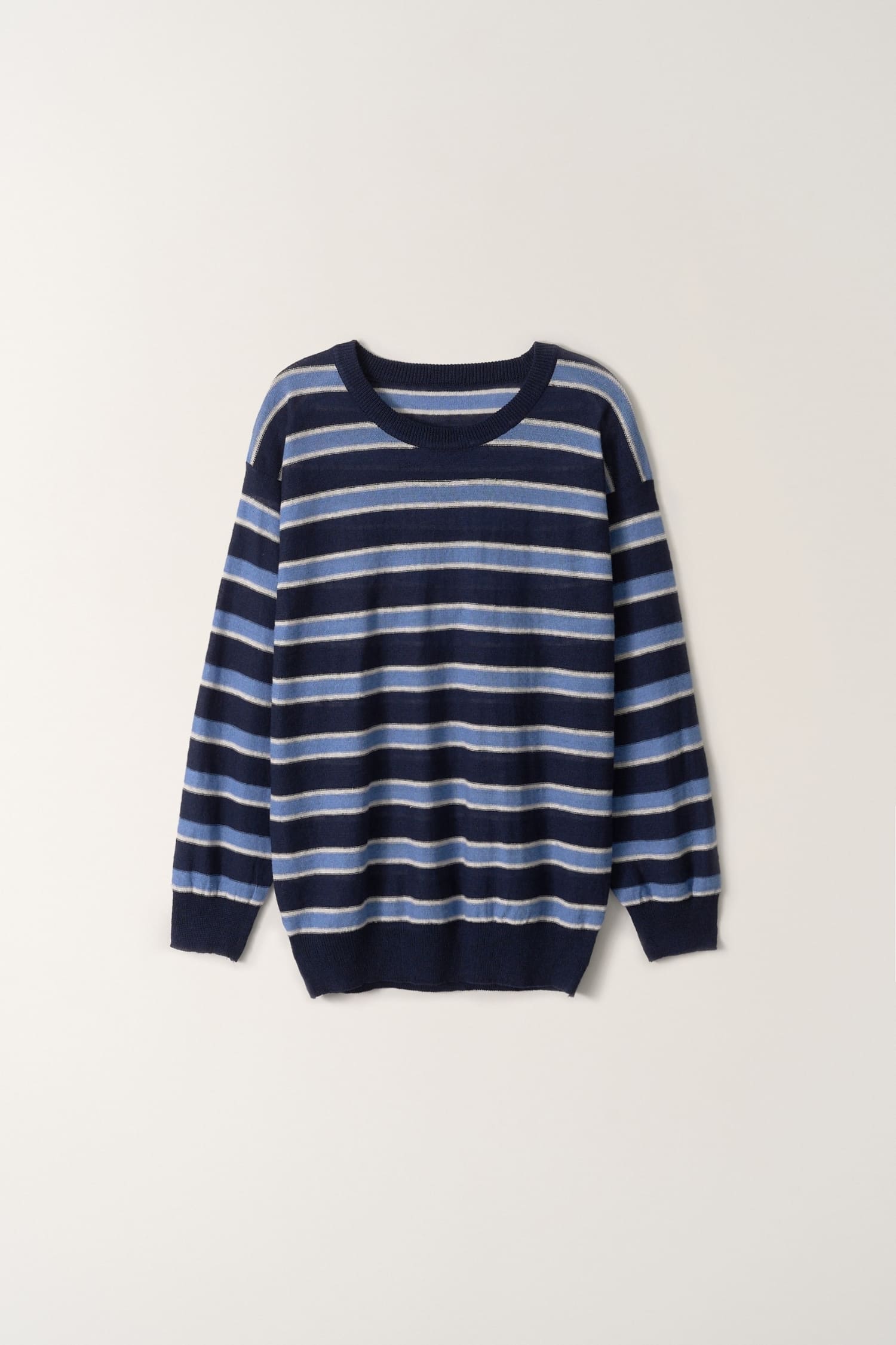 Nothing Written round neck pullover blue stripe flat lay
