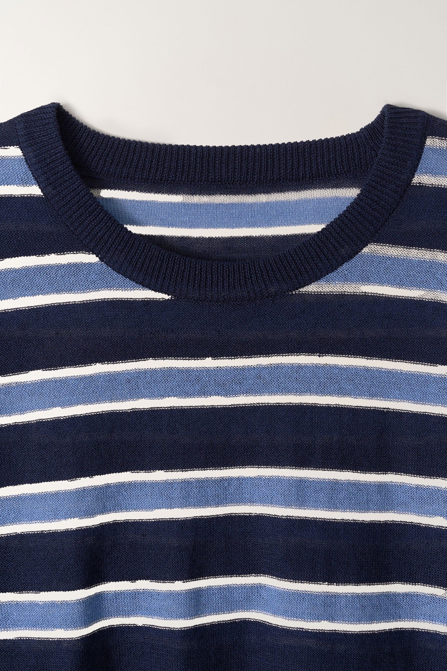 Detail of round neckline on Nothing Written blue striped pullover