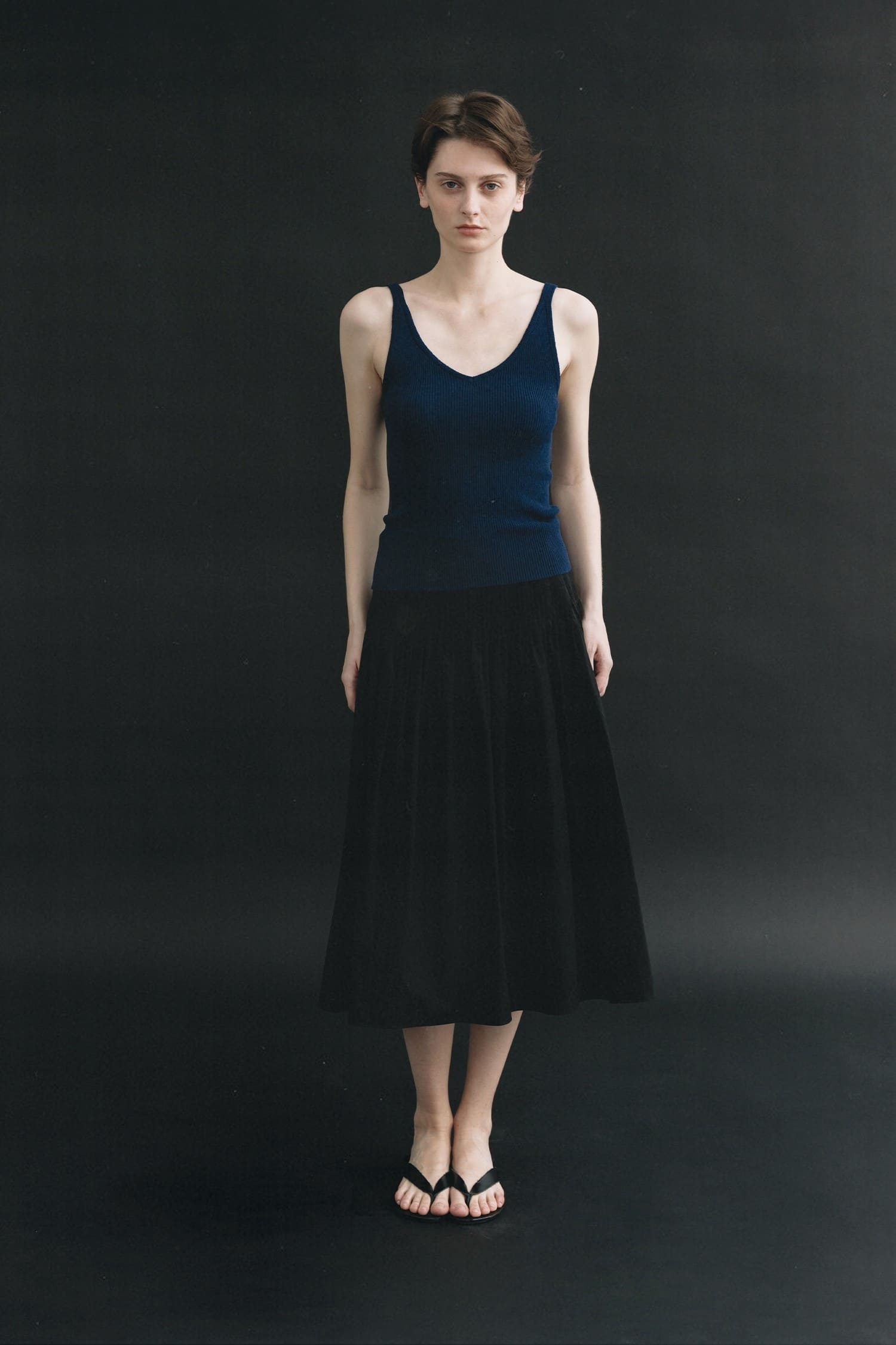 Nothing Written V-neck sleeveless knit top navy worn front view