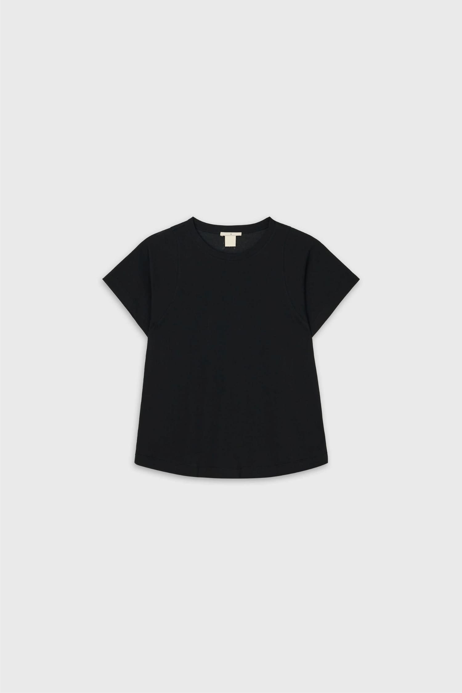 The Loom black cotton layered T-shirt front view with structured short sleeves and round neckline
