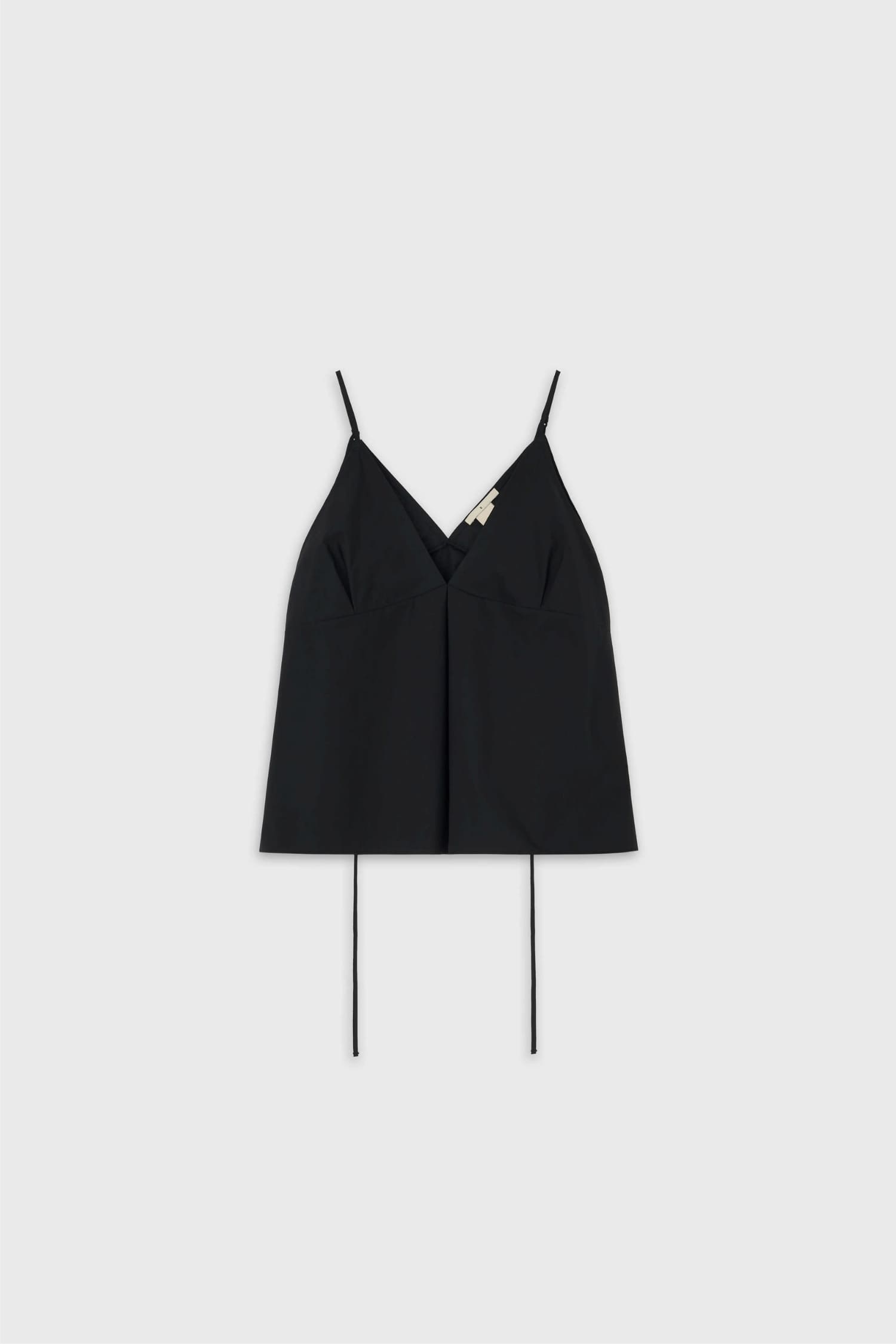 The Loom black cotton pleated camisole front view with V-neckline and thin adjustable straps