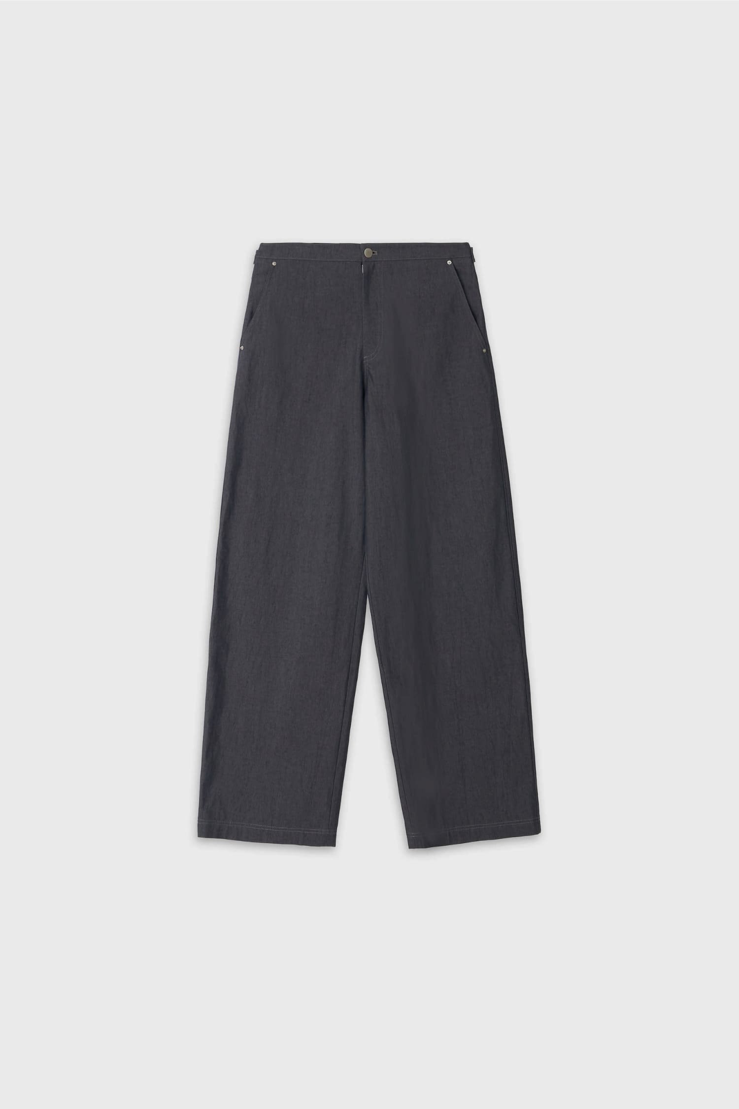 The Loom indigo denim barrel trousers flat lay front view with wide barrel leg cut