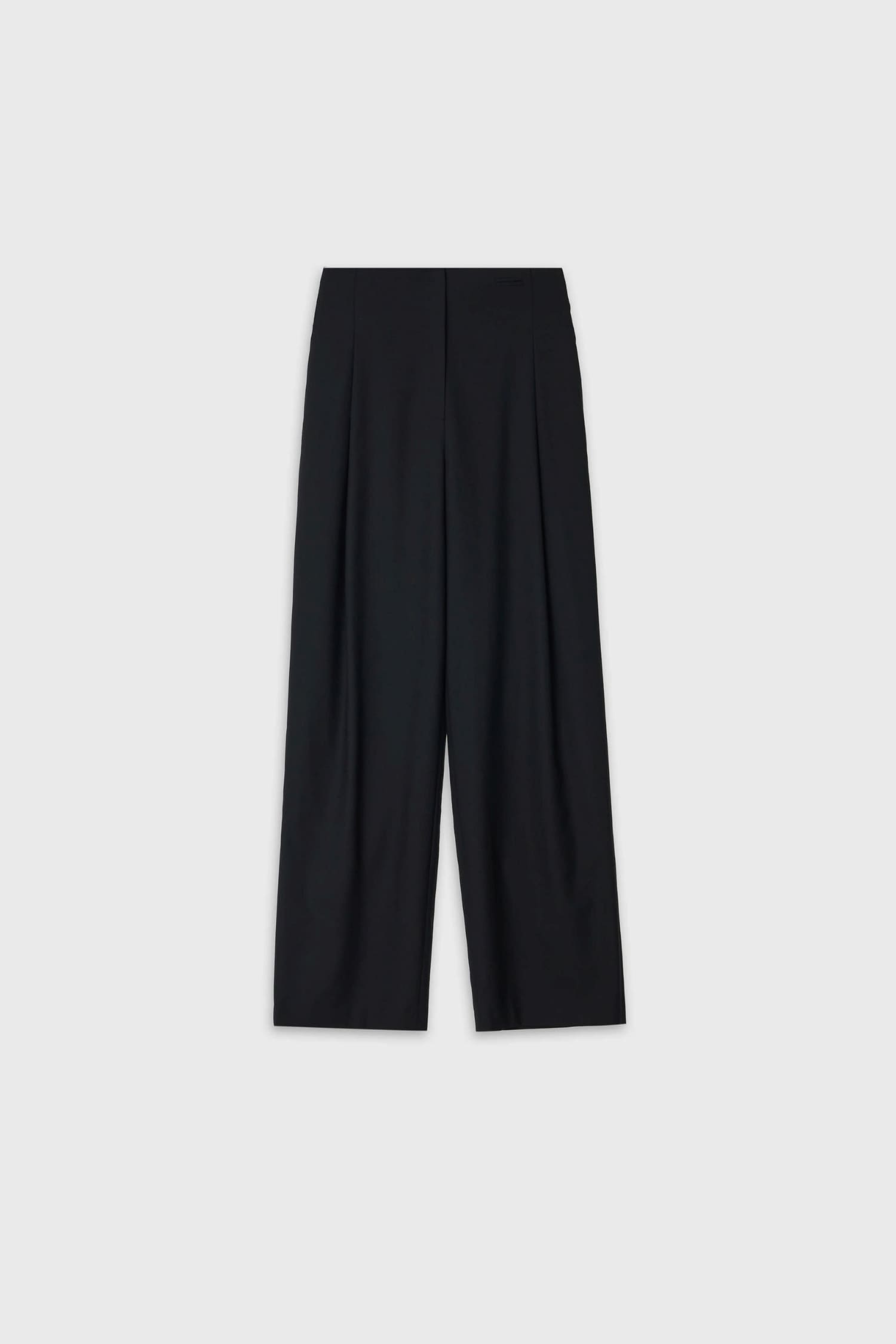 The Loom black high waisted wool trousers flat lay front view with wide leg cut