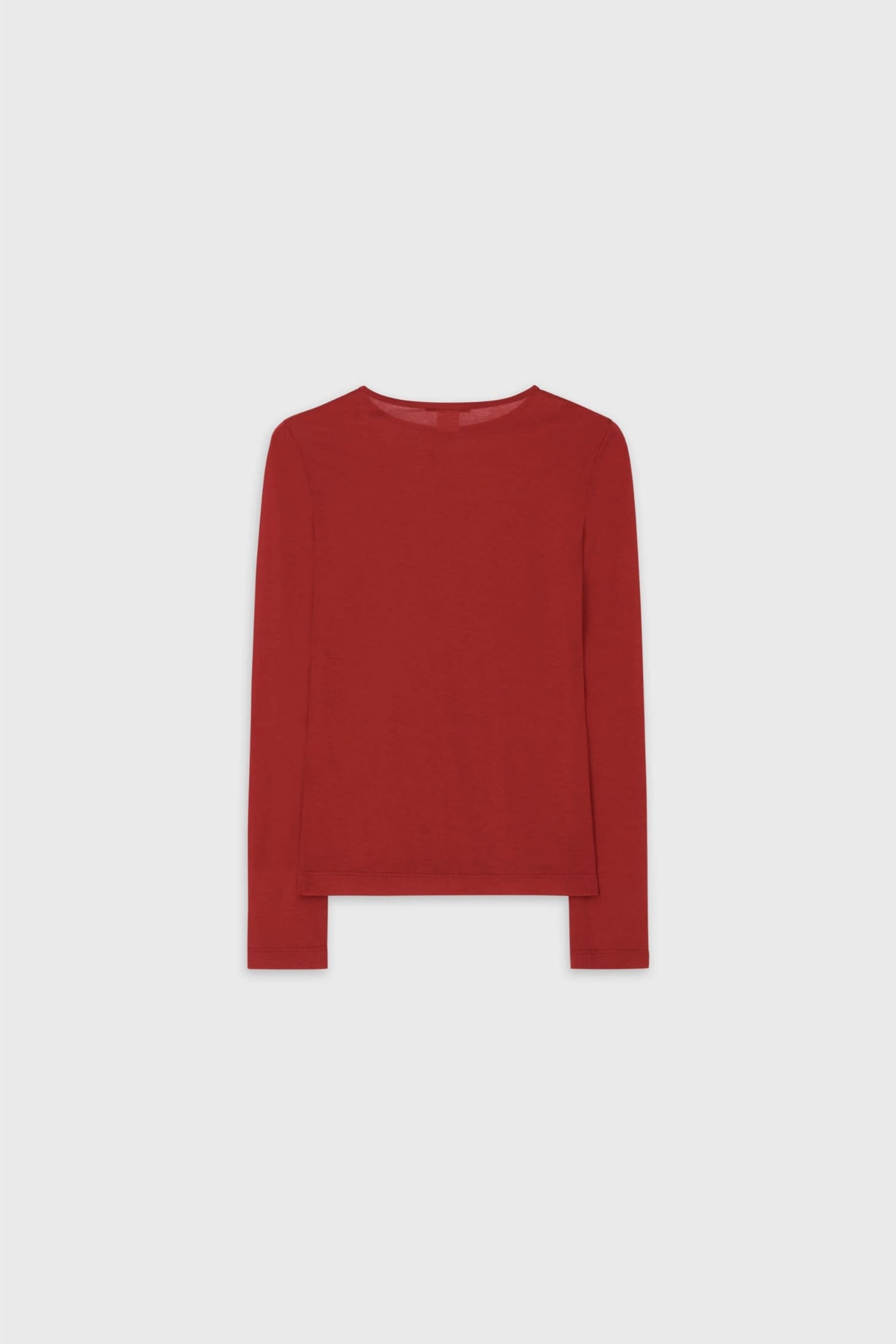 The Loom red long sleeved cotton t-shirt flat lay front view with clean round neckline