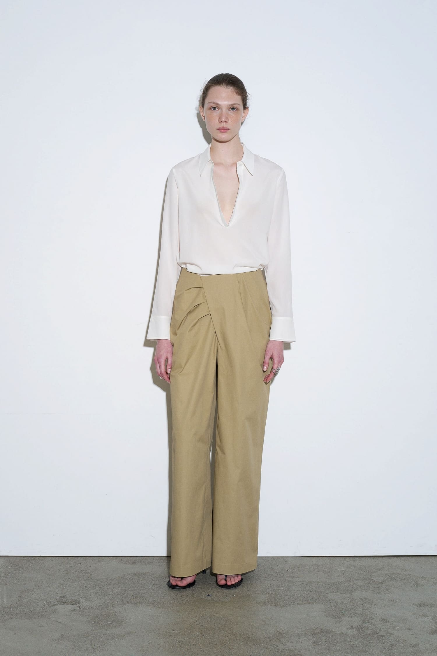 The Loom Silk Open Shirt white worn front view